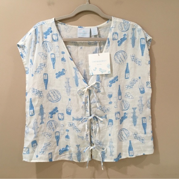 Cynthia Rowley Tops - Cynthia Rowley Tie Top Blue White Linen Women L Artsy Printed Beach Coastal New